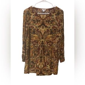 J Jill Tunic Top Women’s Small Brown Paisley Boho Pullover Long Sleeve Blouse